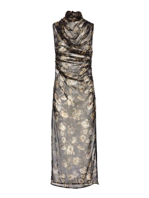 Draped Floral Printed Silk Dress floral