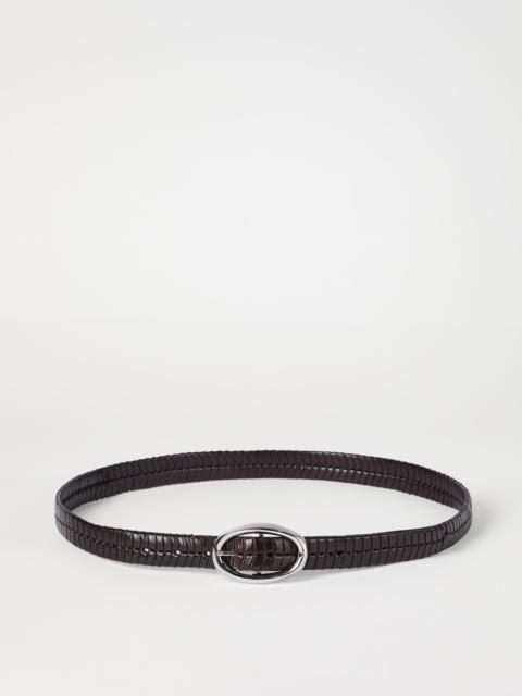 Chevron-effect braided leather belt with oval buckle