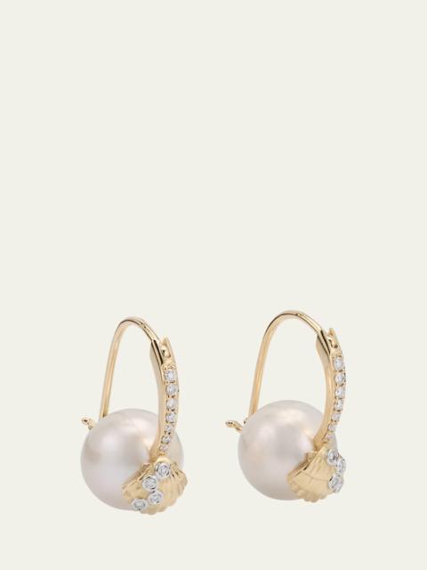 14K Gold Clamshell and 10mm Freshwater Pearl Diamond Earrings