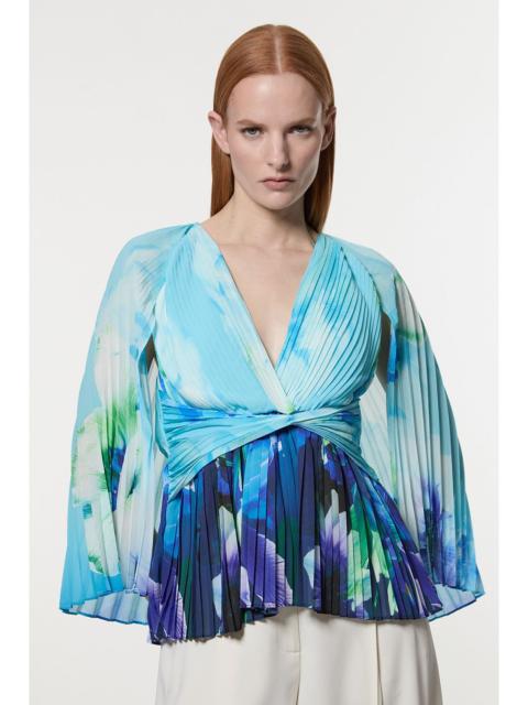Ombre Floral Soft Pleated Woven Blouse With Cape