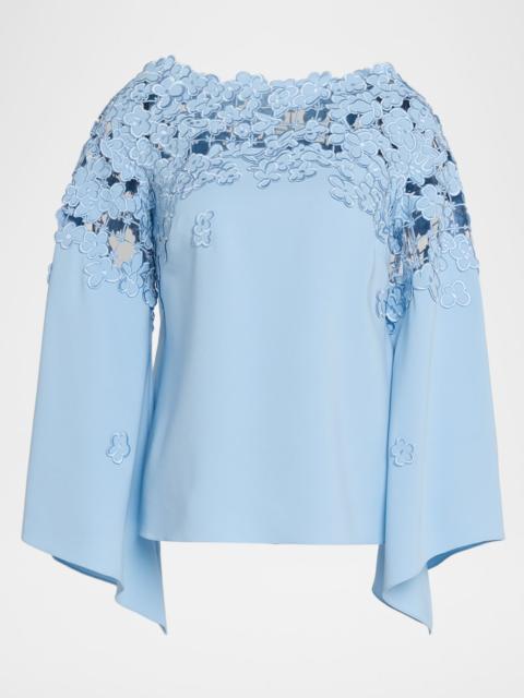 Floral Embroidered Stretch Silk Bell-Sleeve Blouse