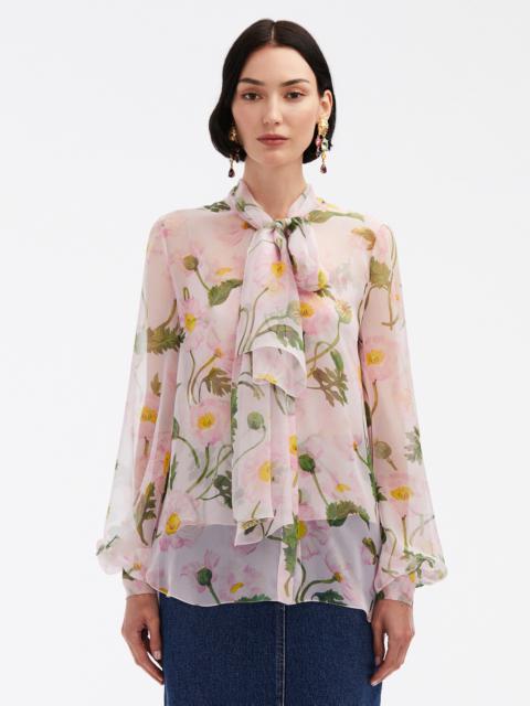 PAINTED POPPIES TIE-NECK CHIFFON BLOUSE