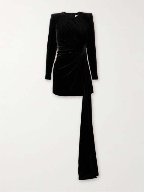 Gathered Asymmetric Stretch-velvet Mini Dress