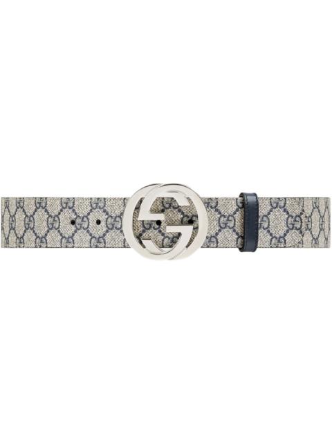 Gucci Interlocking G Palladium Buckle Belt GG Supreme 1.5"W Beige/Blue