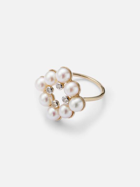 Cluster 14kt gold ring with pearls and diamonds