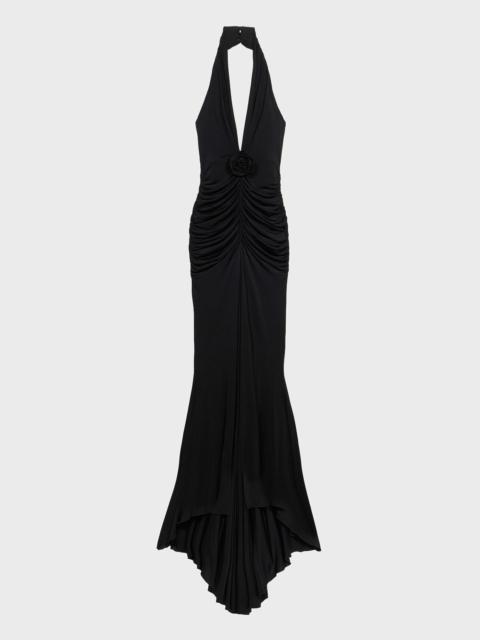 LONG SHINY JERSEY DRESS WITH ROSE