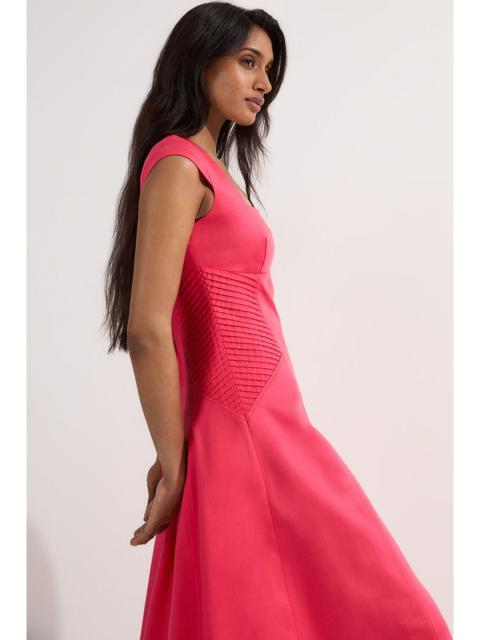 Premium Linen Pintuck Detail Full Skirted Tailored Midi Dress