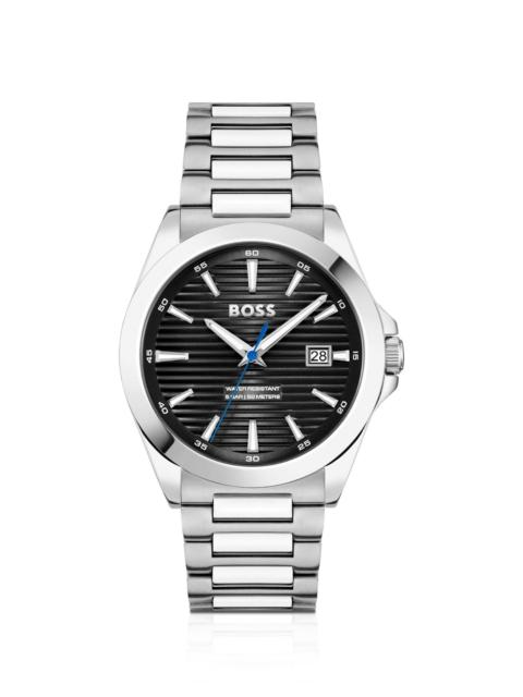 SILVER-TONE WATCH WITH BLACK GROOVED DIAL