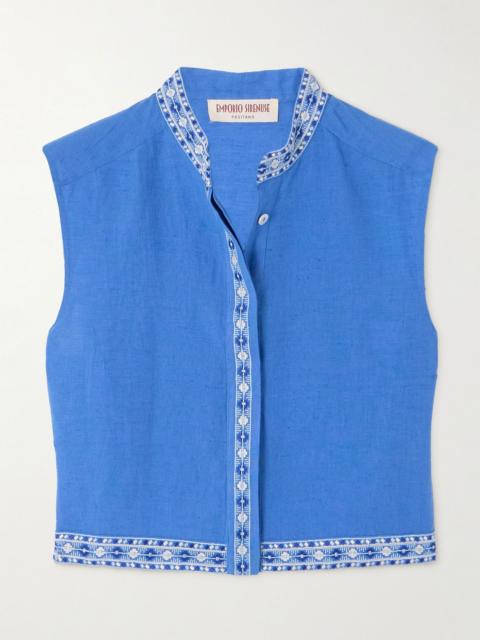 Andorra cropped embroidered linen and cotton-blend top Blue