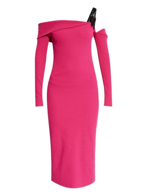 off-shoulder buckle midi dress