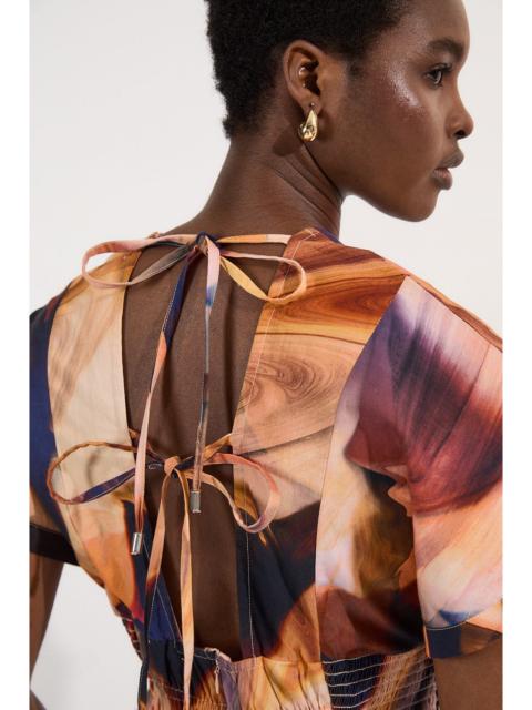 Shirred Cotton Printed Woven Plunge Neck Short Sleeve Top