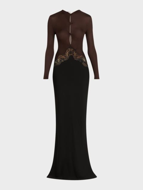 Open-Twist Lace Long-Sleeve Dress