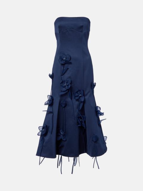 Floral-appliqué satin midi dress