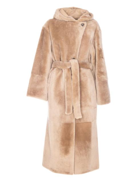 hooded belted faux-fur coat