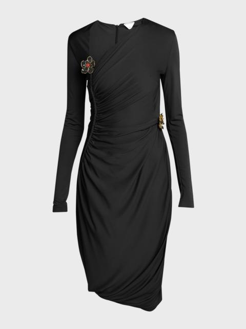 Flower-Applique Long-Sleeve Ruched Matte Crepe Viscose Jersey Dress