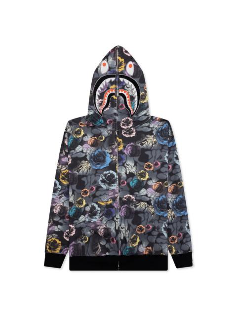 FLORAL CAMO SHARK RELAXED FIT FULL ZIP HOODIE - BLACK