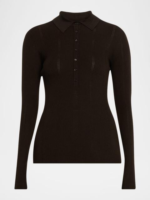 Sophia Rib Knit Long-Sleeve Polo Shirt