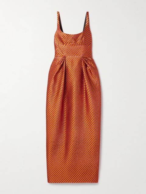 Pleated Striped Metallic Jacquard Maxi Dress