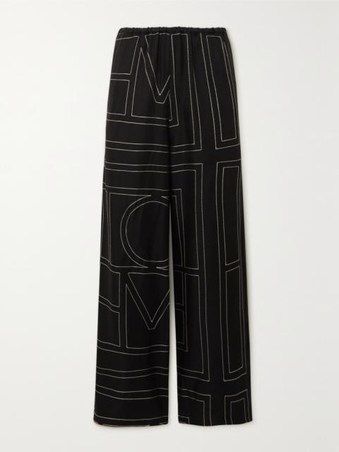 Embroidered Silk-twill Wide-leg Pants