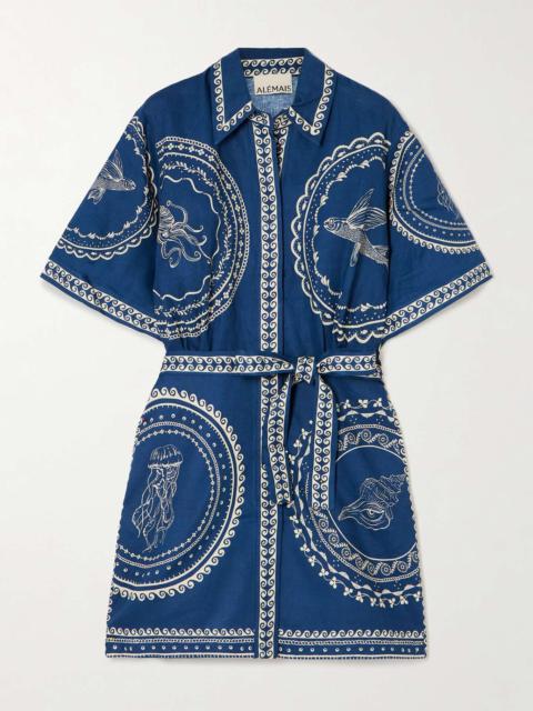 Oceane belted printed linen mini shirt dress Navy