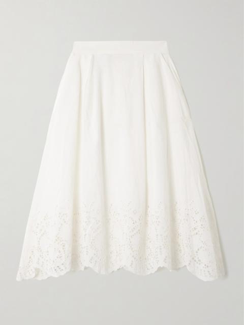 Wynona Pleated Broderie Anglaise Linen And Cotton-blend Midi Skirt