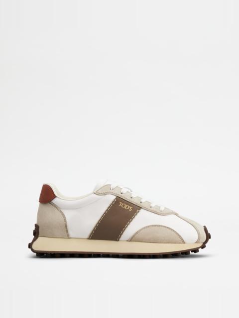 SNEAKERS IN LEATHER AND TECHNICAL FABRIC - BEIGE, BROWN, WHITE