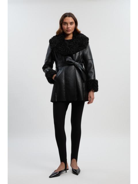Faux Long Fur Belted Cuff And Collar Coat
