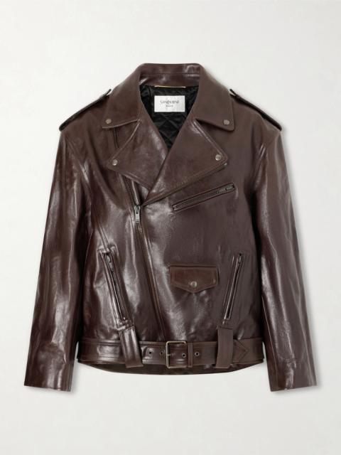 Glossed Textured-leather Biker Jacket