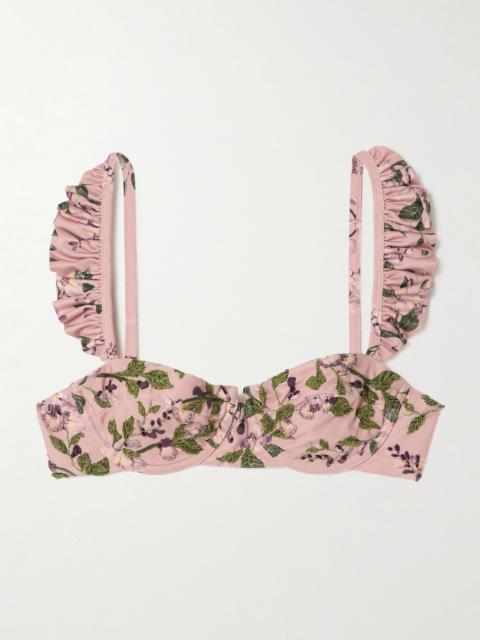 Kiwi Wisteria Ruffled Embroidered Floral-print Underwired Recycled Bikini Top