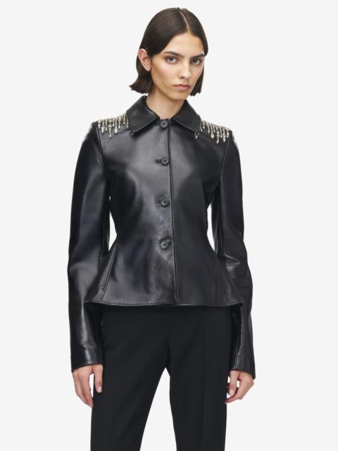 Crystal Embroidery Leather Peplum Jacket