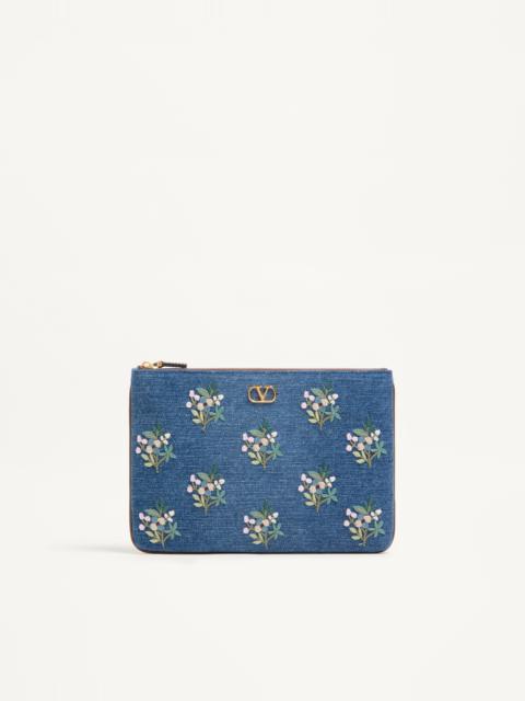 VALENTINO GARAVANI VLOGO SIGNATURE CLUTCH BAG IN DENIM WITH FLORAL EMBROIDERY