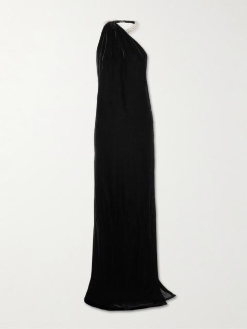 One-shoulder Embellished Draped Velvet Halterneck Gown