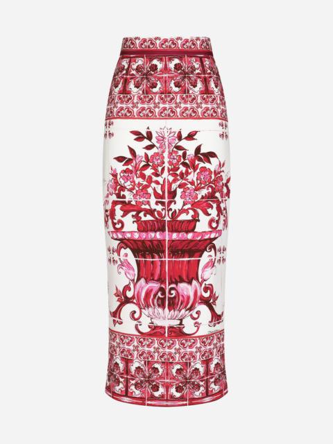Majolica-print charmeuse calf-length skirt