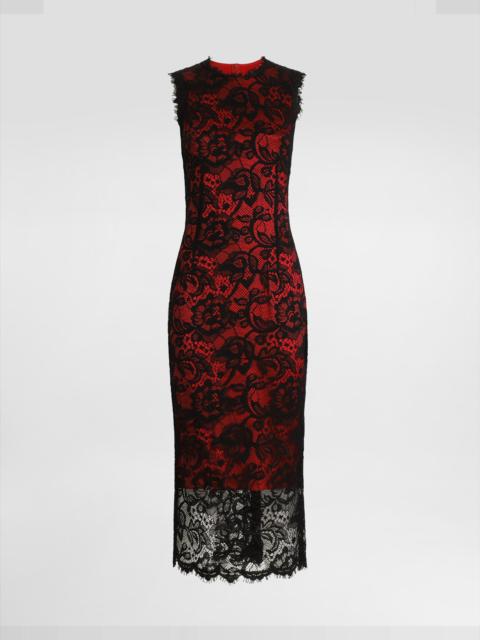 Calf-length floral lace sheath dress with contrasting lining