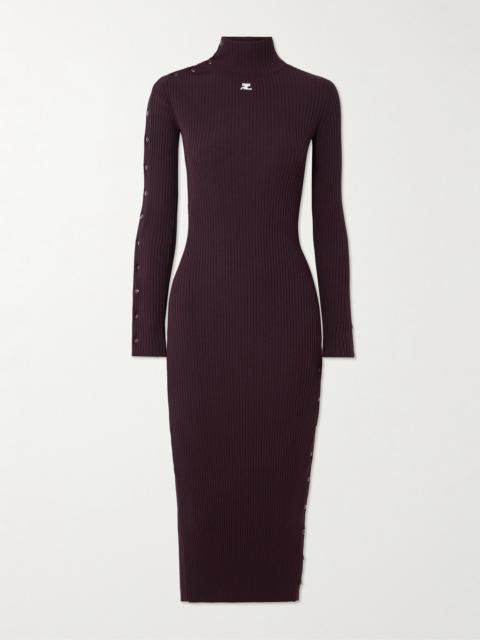 Embroidered Ribbed-knit Turtleneck Midi Dress