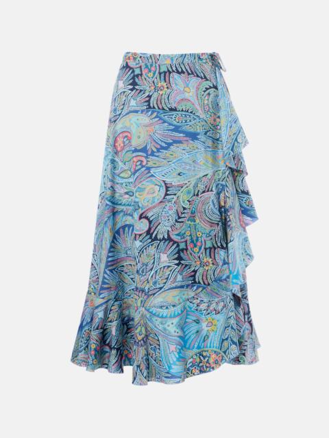 Printed ruffled cotton-blend midi skirt