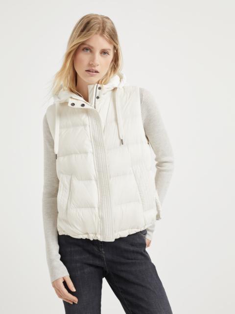 Lightweight matte nylon down vest with hood and shiny trim