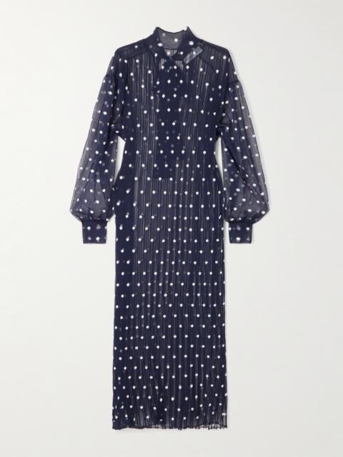 Polka-dot Chiffon-trimmed Ribbed-knit Midi Dress