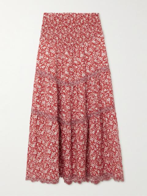 Ninfa Shirred Lace-trimmed Floral-print Lyocell Midi Skirt