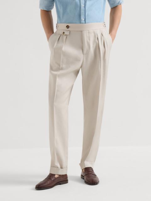 Linen, virgin wool and mohair gabardine trousers with double pleats and waist tabs