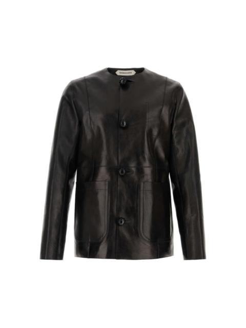 crew-neck leather jacket