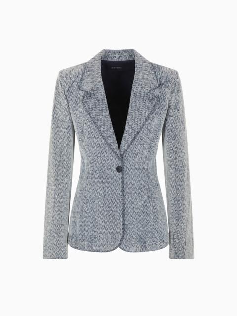 SINGLE-BREASTED BLAZER IN FLOCKED DENIM WITH AN ALL-OVER CHEVRON MOTIF