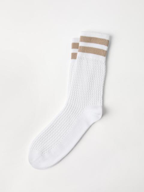Cotton waffle stitch knit socks with stripes