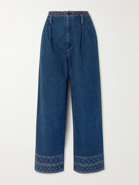 Murray High-rise Pleated Embroidered Wide-leg Jeans