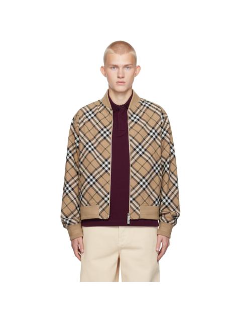 Beige Check Wool Blend Harrington Bomber Jacket