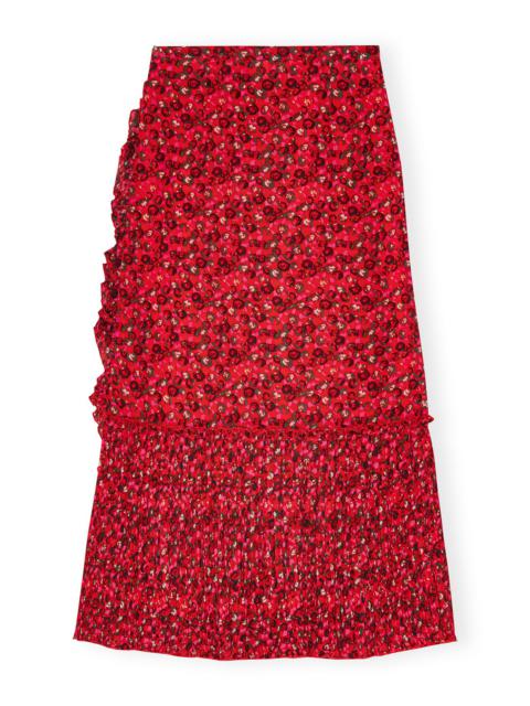 RED PLEATED GEORGETTE FLOUNCE MIDI SKIRT