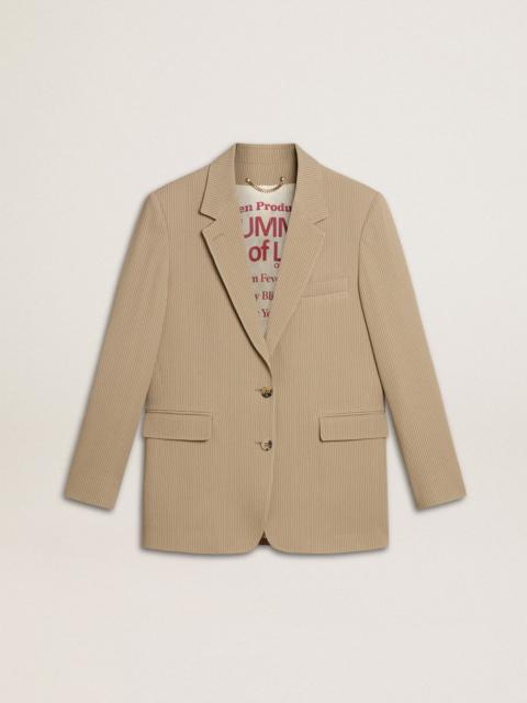 Women's beige pinstripe single-breasted jacket with an oversized fit