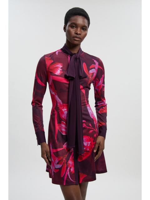 Floral Print Crepe Tie Neck Long Sleeve Mini Dress