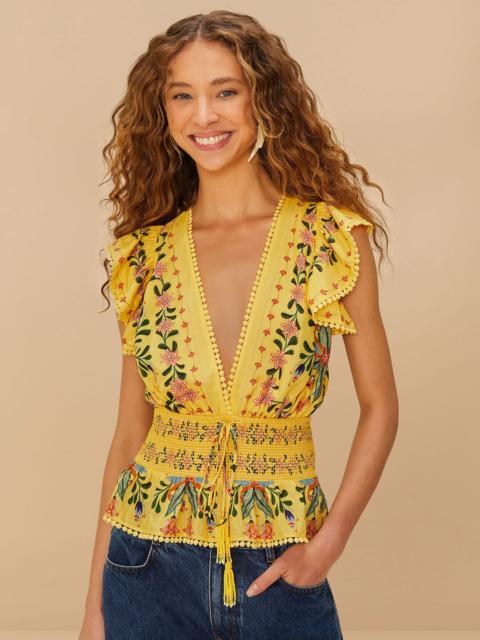 Yellow Delicate Flowers Stripes Blouse