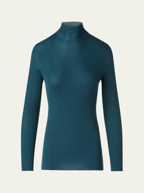 Mock-Neck Cashmere-Silk Fine Rib Sweater